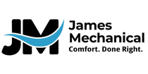Logo for James Mechanical featuring the black letters JM with a blue wave and the text Comfort. Done Right.