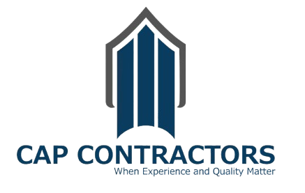 Logo for CAP CONTRACTORS: an abstract building design in blue and gray above company name and tagline.