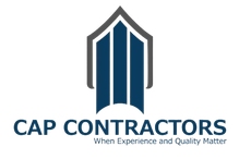 Logo for CAP CONTRACTORS: an abstract building design in blue and gray above company name and tagline.