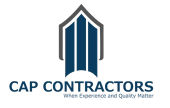 Logo for CAP CONTRACTORS: an abstract building design in blue and gray above company name and tagline.