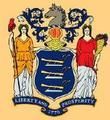 The coat of arms of new jersey is shown on a yellow background.