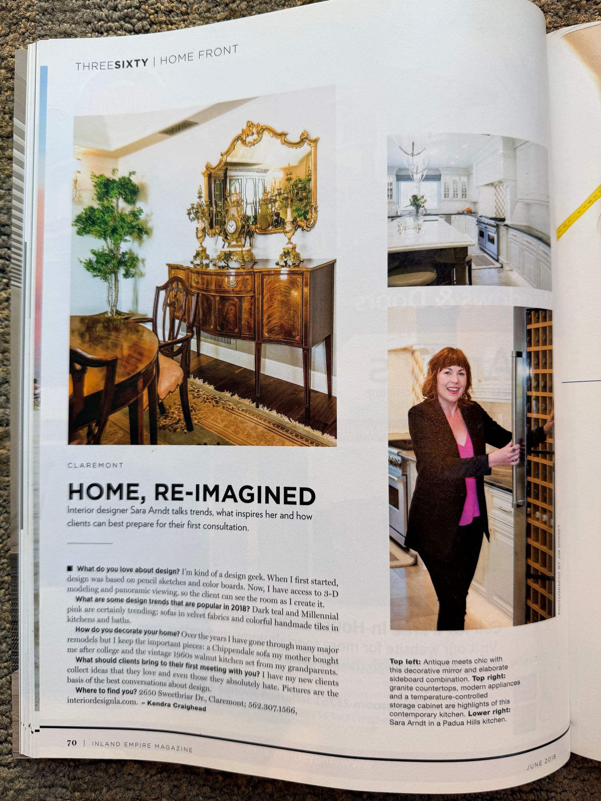 Home, Re-Imagined feature in Inland Empire Magazine, June 2018, profiling Claremont interior designer Sara Arndt and her interior design projects including a Padua Hills kitchen