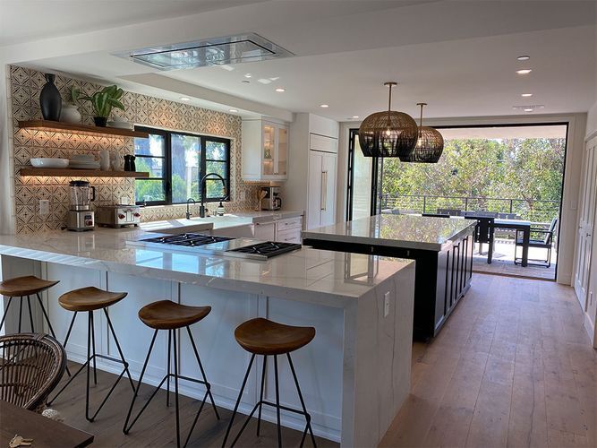 A kitchen with a large island and stools