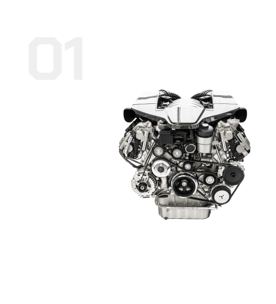 Front-facing silver car engine isolated on a white background, with a faint "01" in the corner | Universal Auto Repair