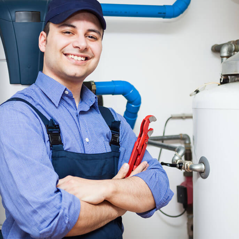 A man wearing a hard hat is working on an air conditioner.