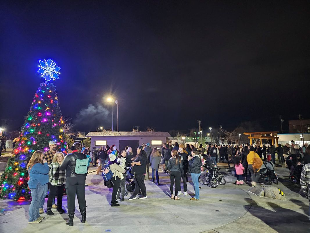 A group of people are standing around a christmas tree at night.