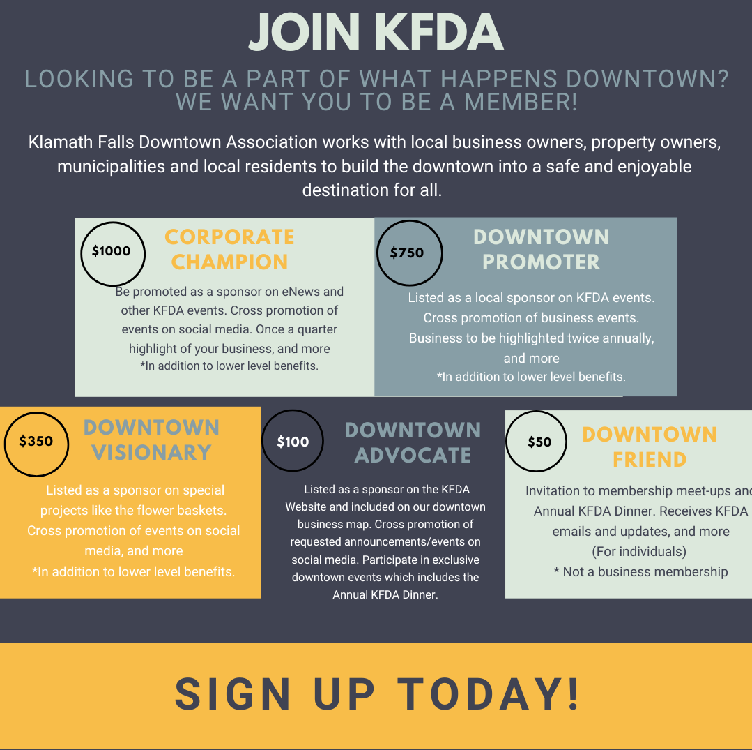 A sign that says join kfda looking to be a part of what happens downtown we want you to be a member