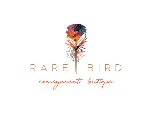 The logo for rare bird consignment boutique has a feather on it.