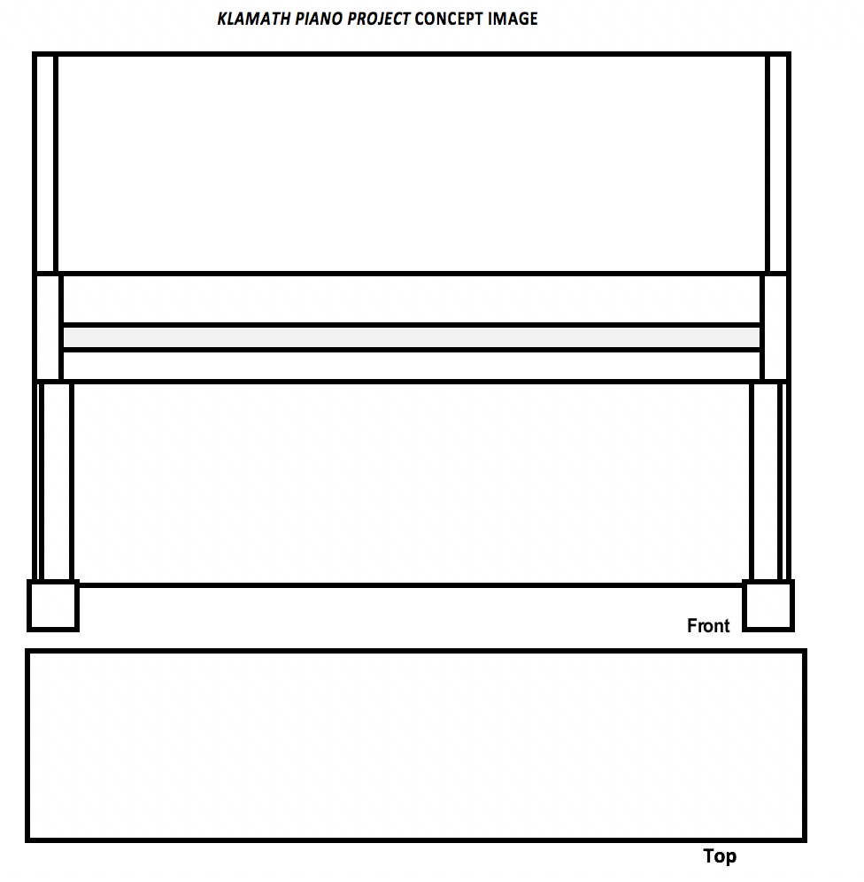 A black and white drawing of the front and top of a piano.