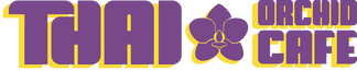 The logo for the thai orchid cafe is purple and yellow.