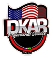 Logo with the letters DKAR, American flag background, 
