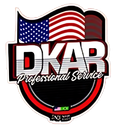 Logo with the letters DKAR, American flag background, 