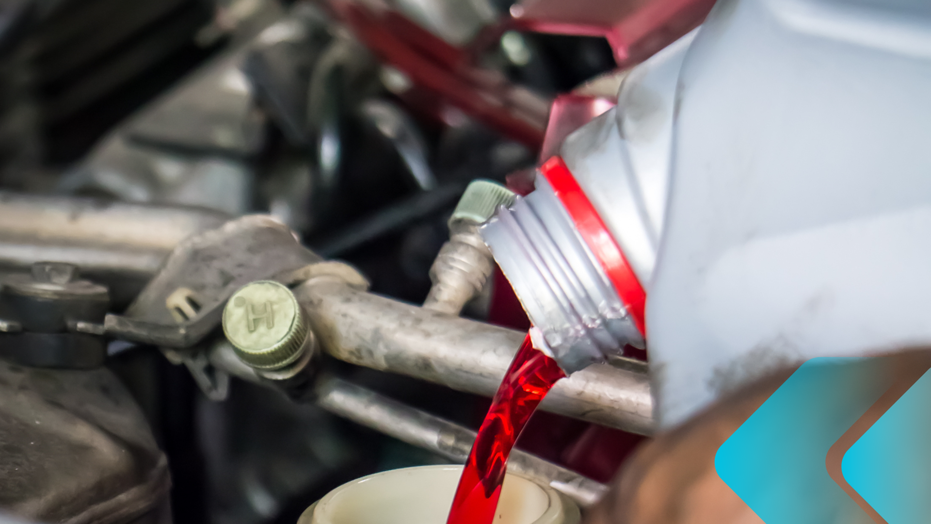 Pouring red automotive fluid into a car engine.