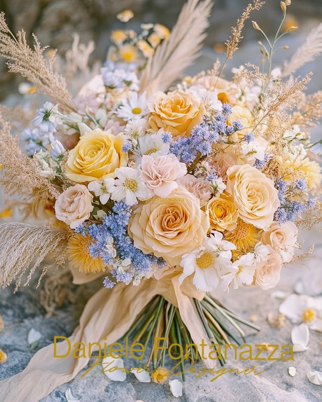 Bouquet da sposa con rose gialle, fiori blu ed erbe color cuoio, legato con un nastro color crema.