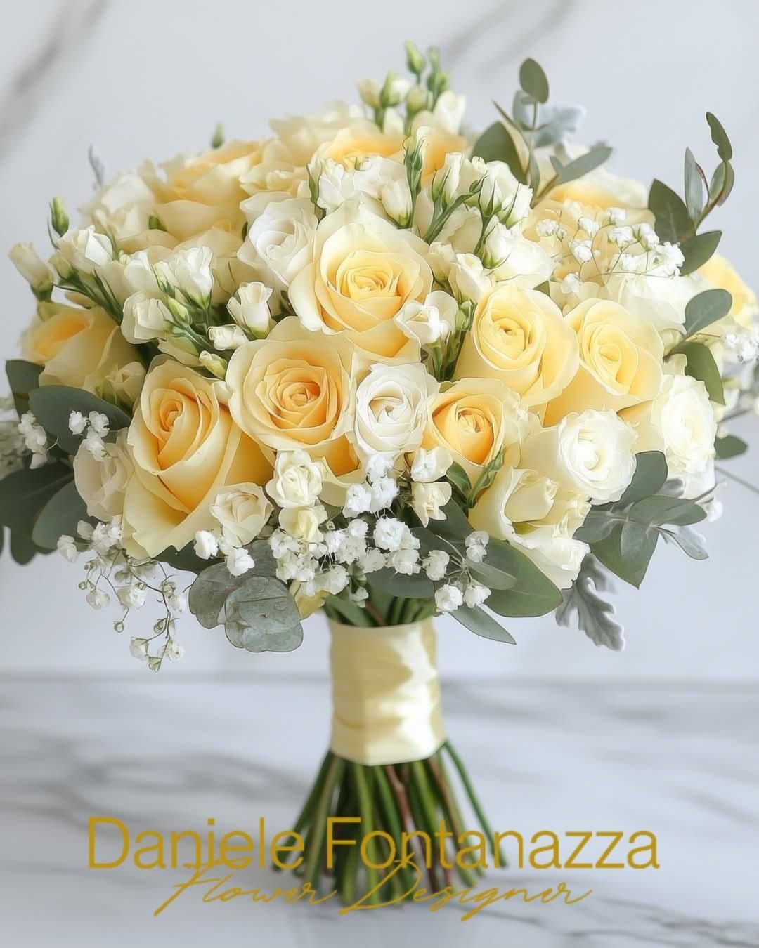 Bouquet da sposa di rose gialle, fresia bianca, gypsophila ed eucalipto, legato con un nastro dorato.