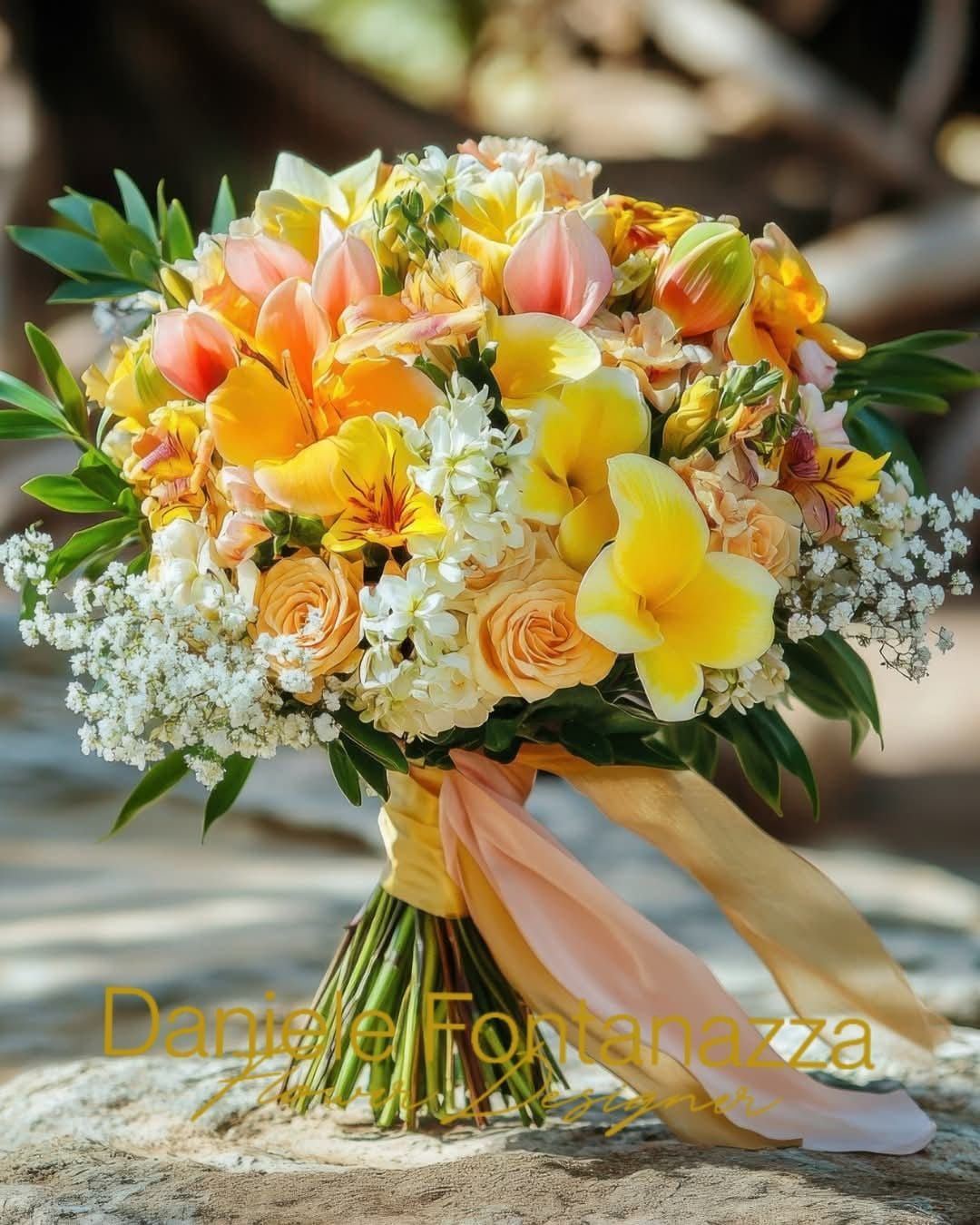 Mazzo di fiori gialli, arancioni e rosa legato con un nastro color pesca.