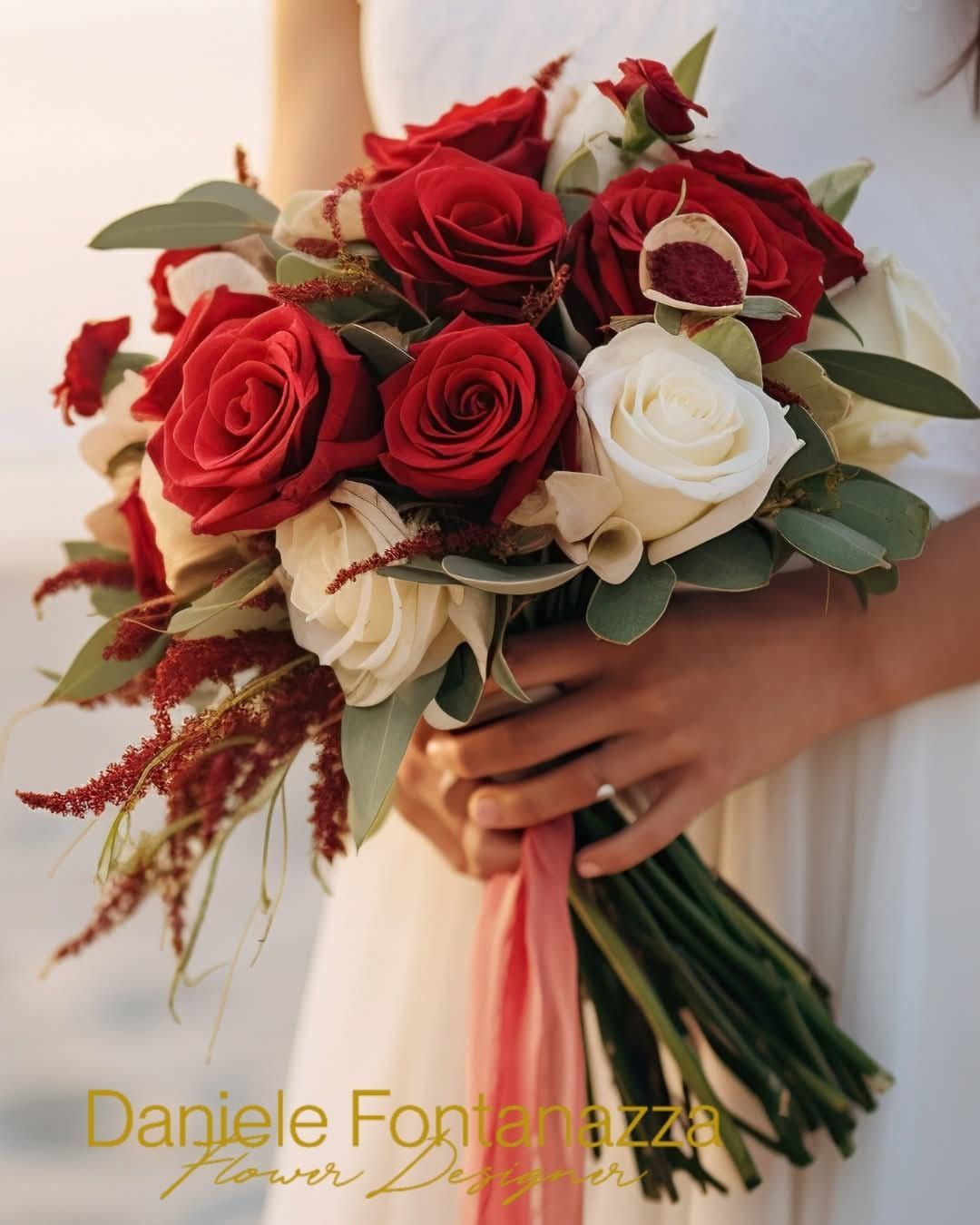 Una donna tiene in mano un mazzo di rose rosse e bianche con verde e accenti rossi.