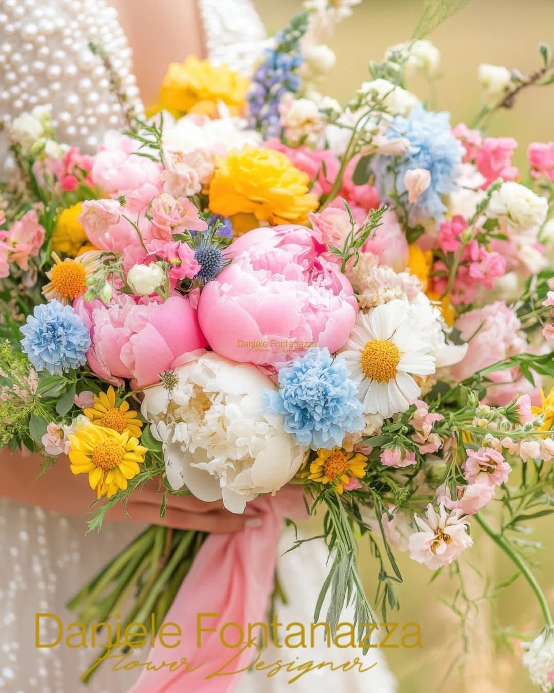 Primo piano di un vivace bouquet con peonie rosa, fiori gialli e dettagli blu, tenuto in mano da una persona in abito bianco.