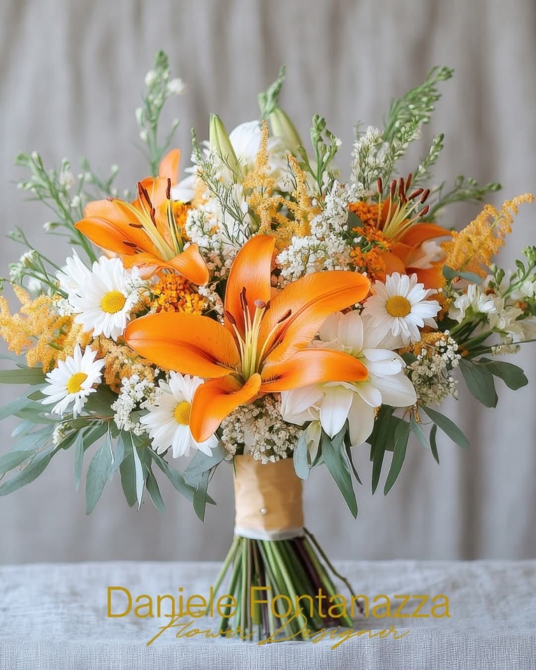 Bouquet di gigli arancioni e margherite avvolto in un nastro color cuoio.