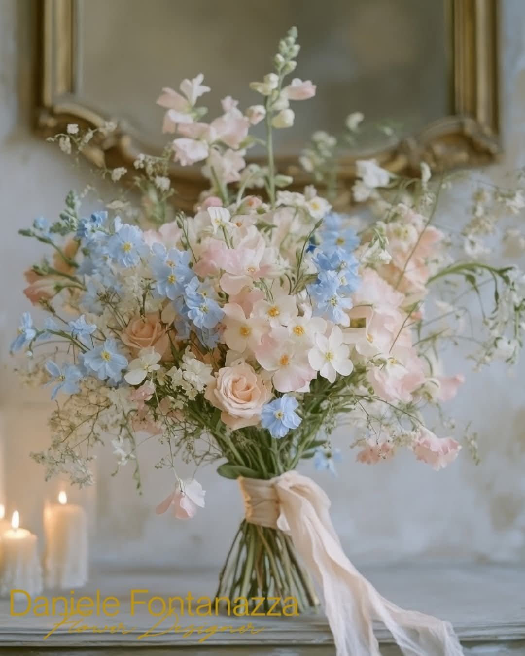 Bouquet di fiori rosa pastello e blu legati con un nastro; candele e uno specchio con cornice dorata sullo sfondo.