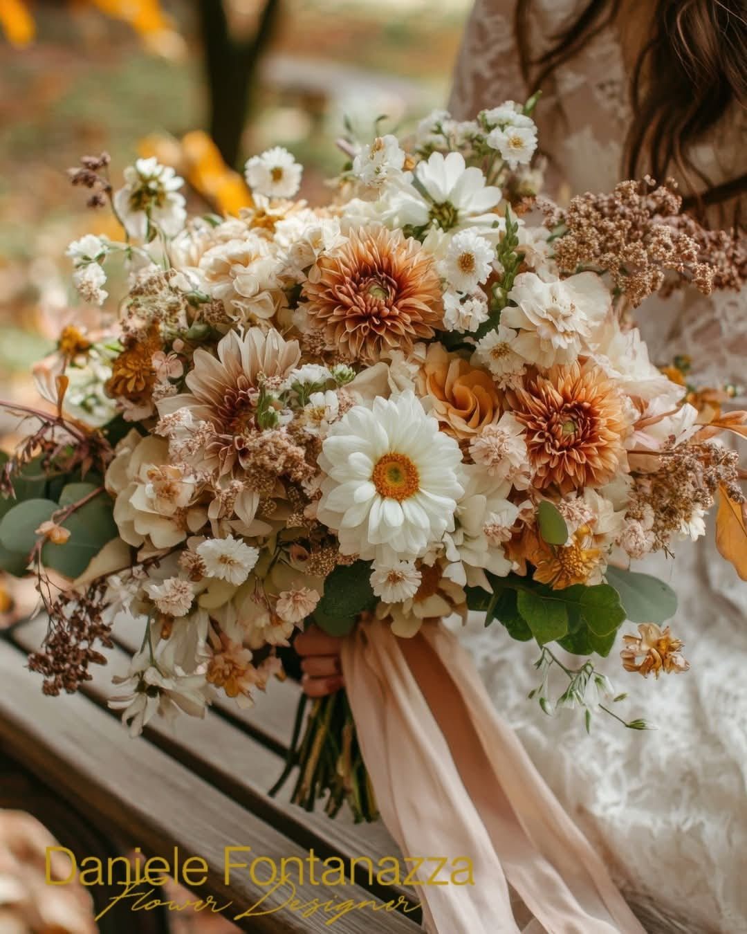 Bouquet da sposa con fiori arancioni, crema e bianchi, tenuto in mano da una persona con un abito in pizzo.
