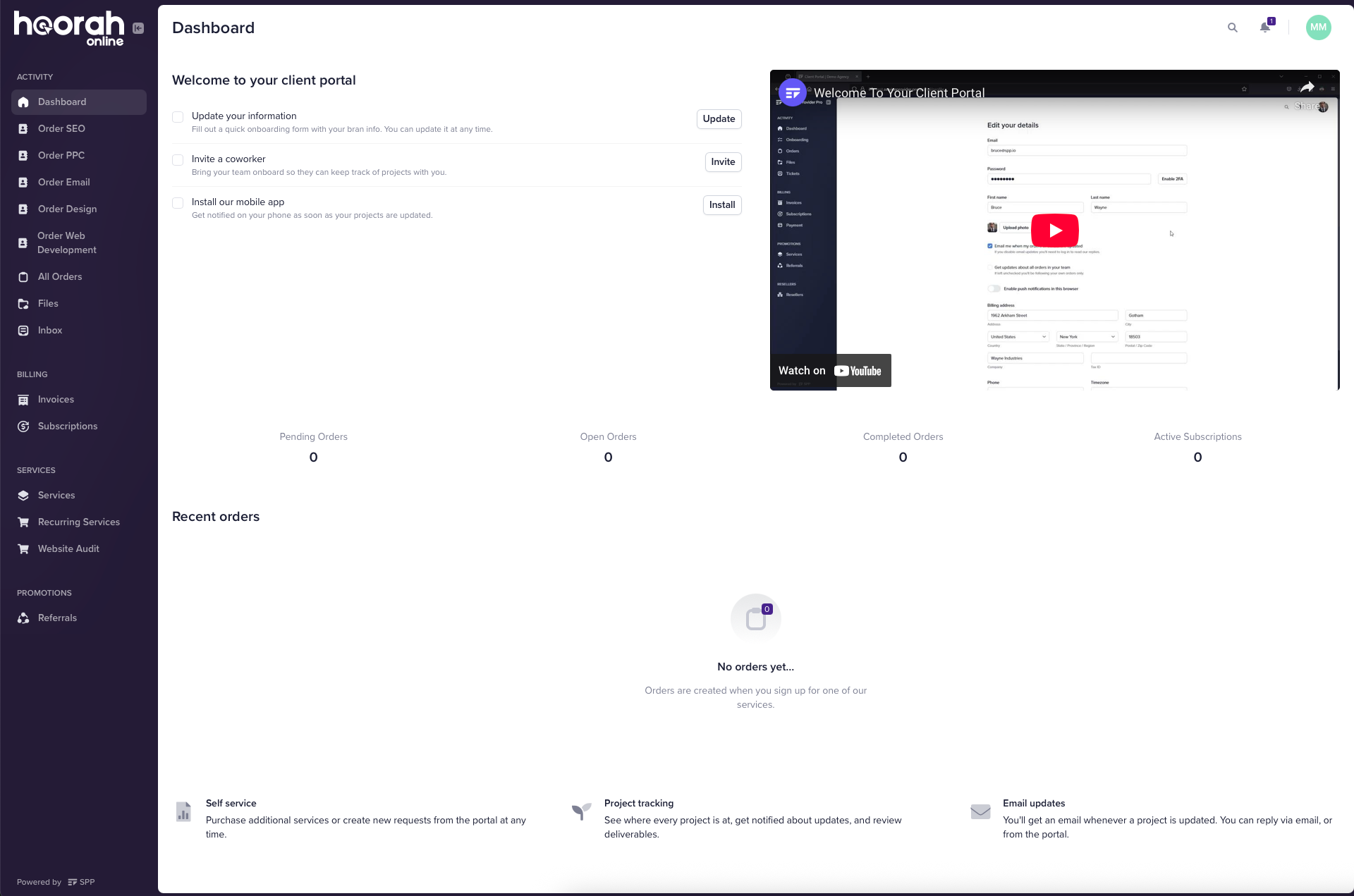 Dashboard screenshot showing analytics and navigation menu in a Hoorah Online web application.