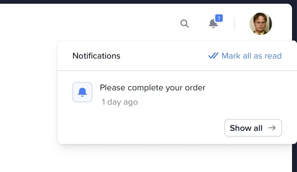 Website notification popup saying 'Please complete your order'