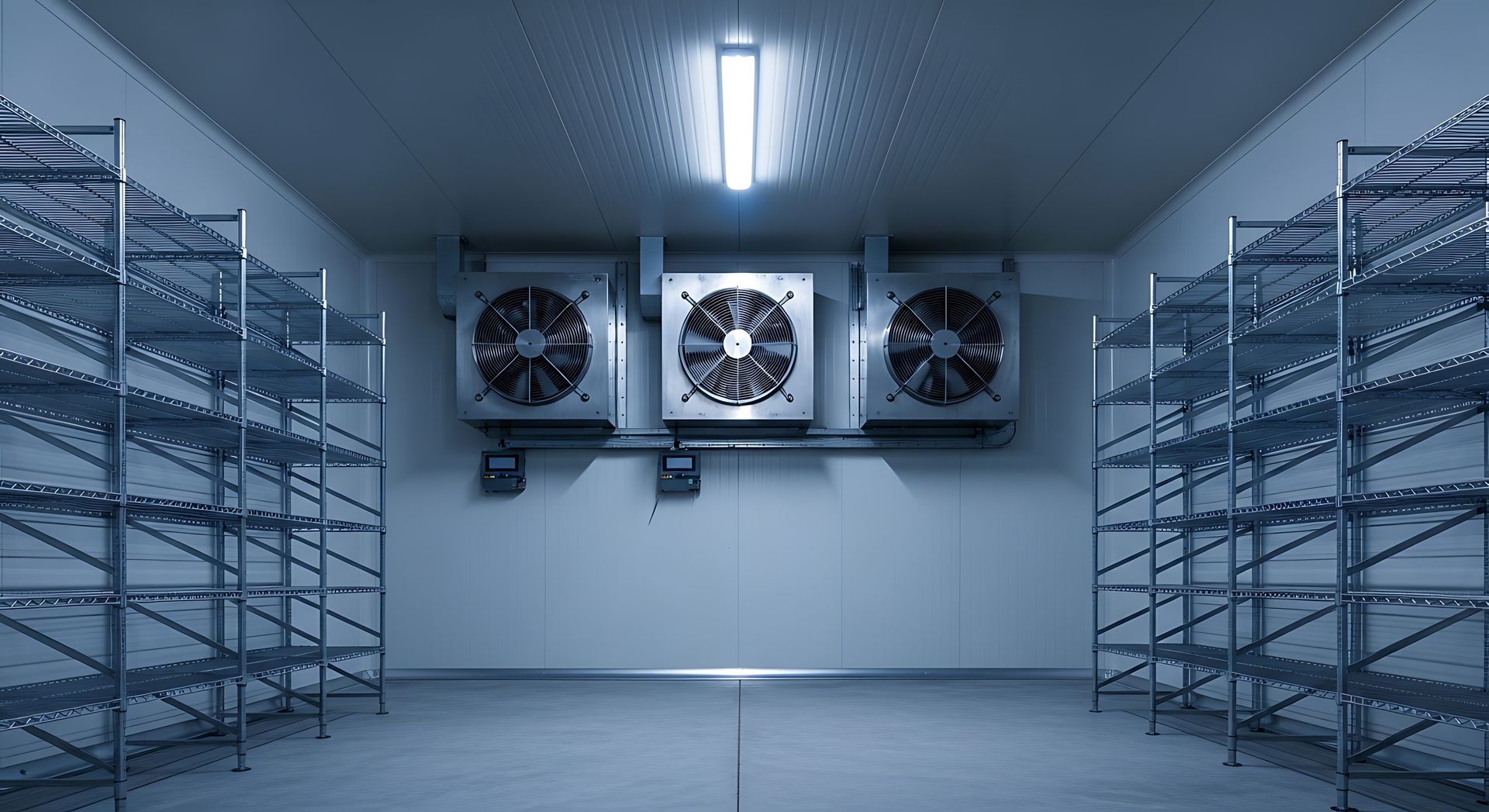 A modern temperature-controlled storage unit featuring metal shelving and industrial cooling fans.