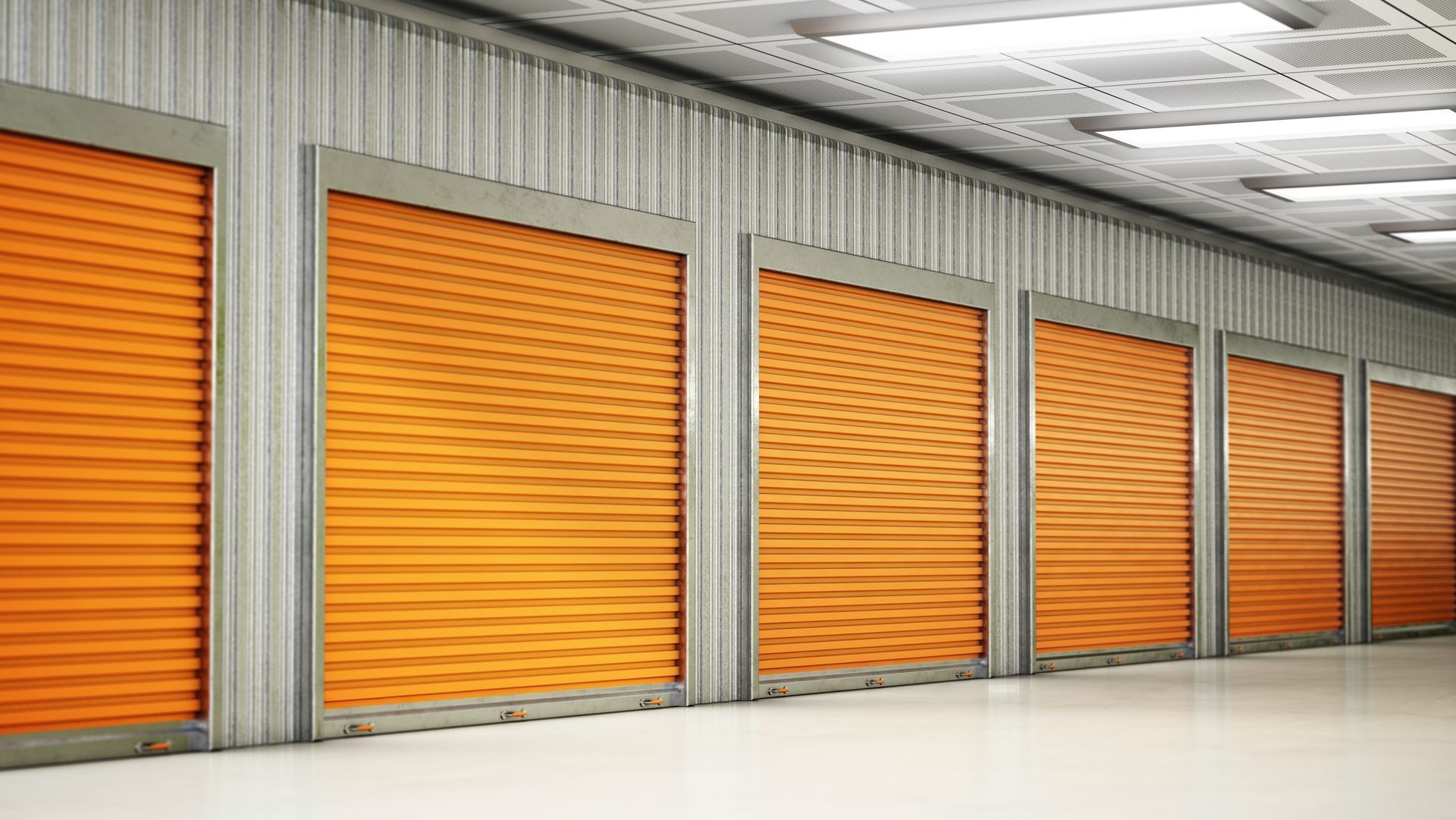 Self-storage units with closed doors.