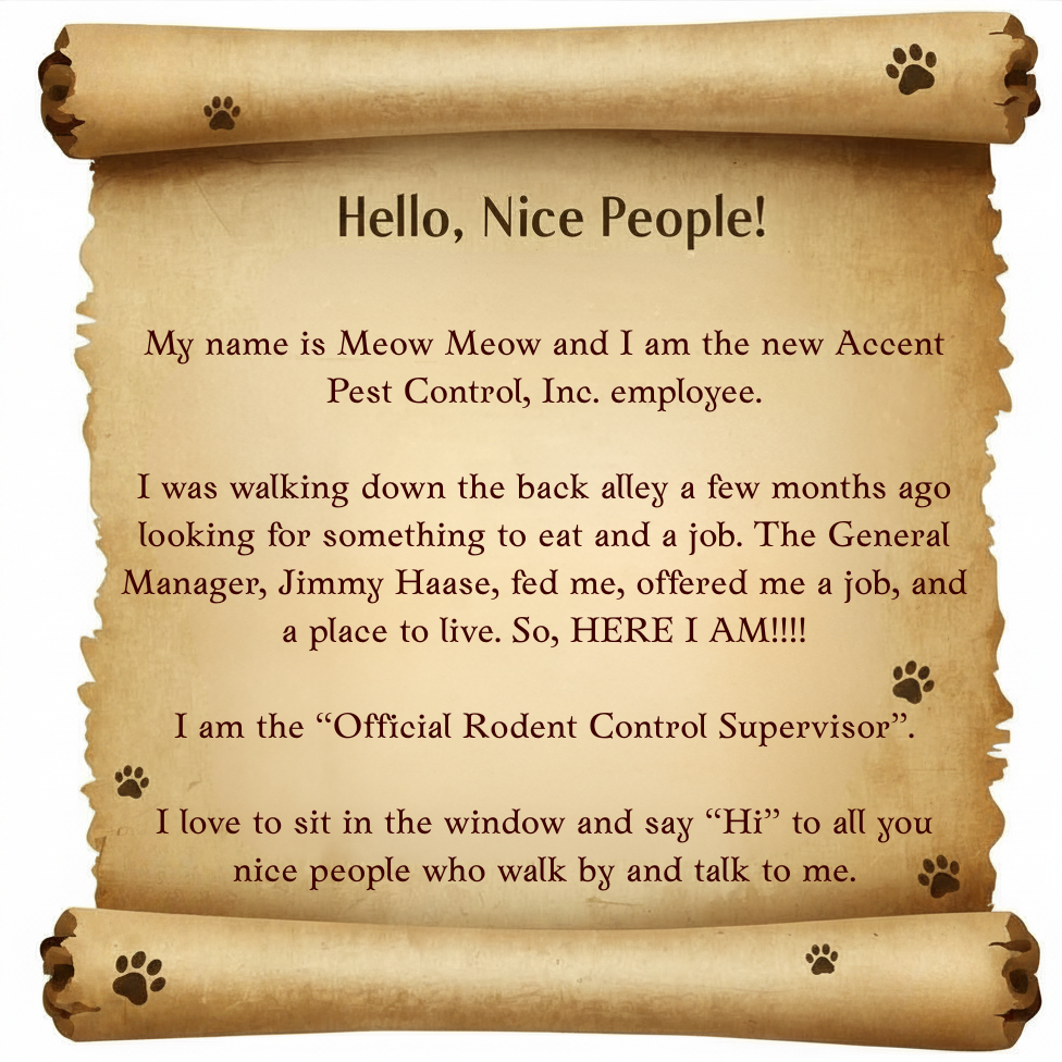 Parchment sign with paw prints introducing “Meow Meow,” the “Official Rodent Control Supervisor.”
