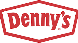Denny’s logo in red text inside a red pentagon outline on a white background