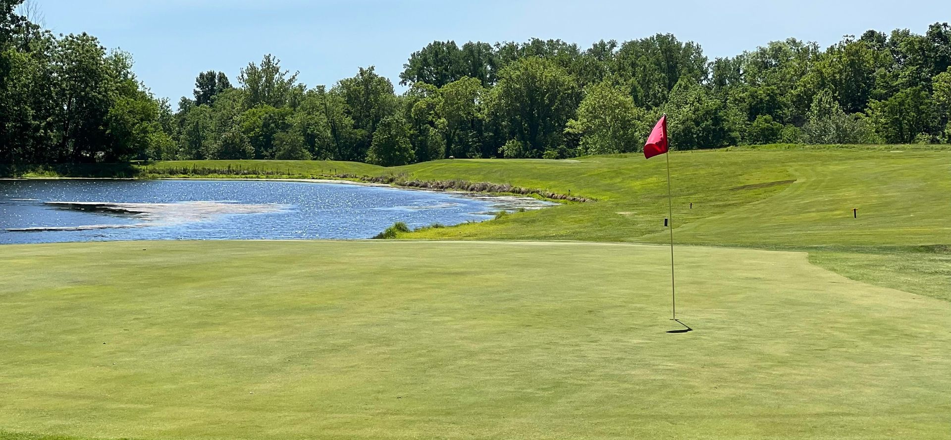 Golf green beside a small pond, with a red flag and trees in the background