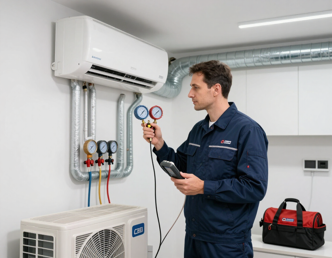 Technician checking HVAC gauges beside a wall-mounted air conditioner and outdoor compressor unit
