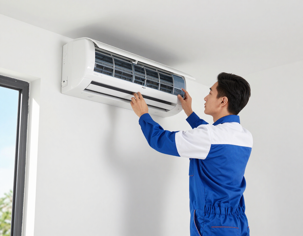 Technician in blue uniform inspecting a wall-mounted air conditioner indoors