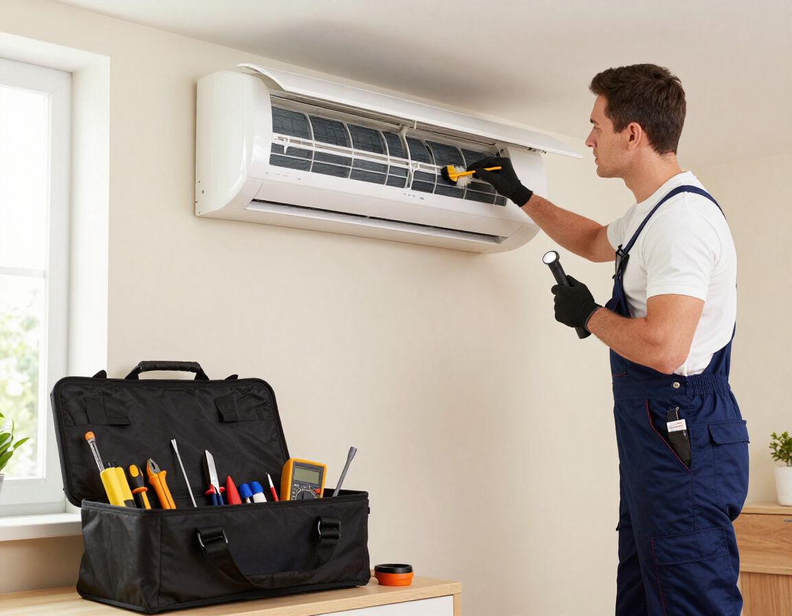 Technician cleaning a wall-mounted air conditioner with tools on a table nearby
