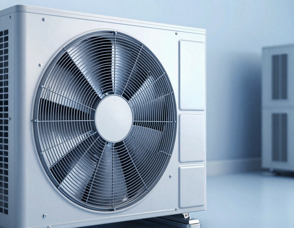 Outdoor HVAC condenser unit with large fan in a blue-gray industrial setting