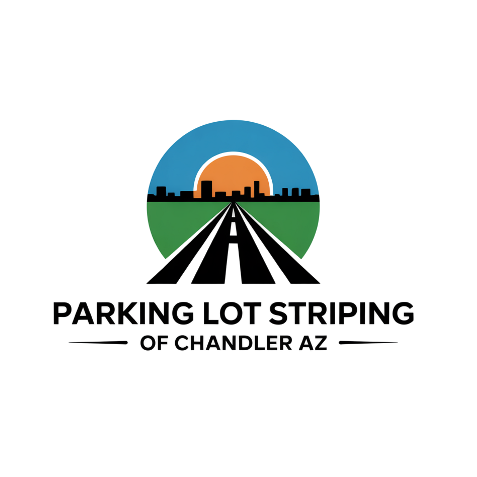 Parking Lot Striping of Chandler AZ logo with road graphic and sunset design for pavement marking brand