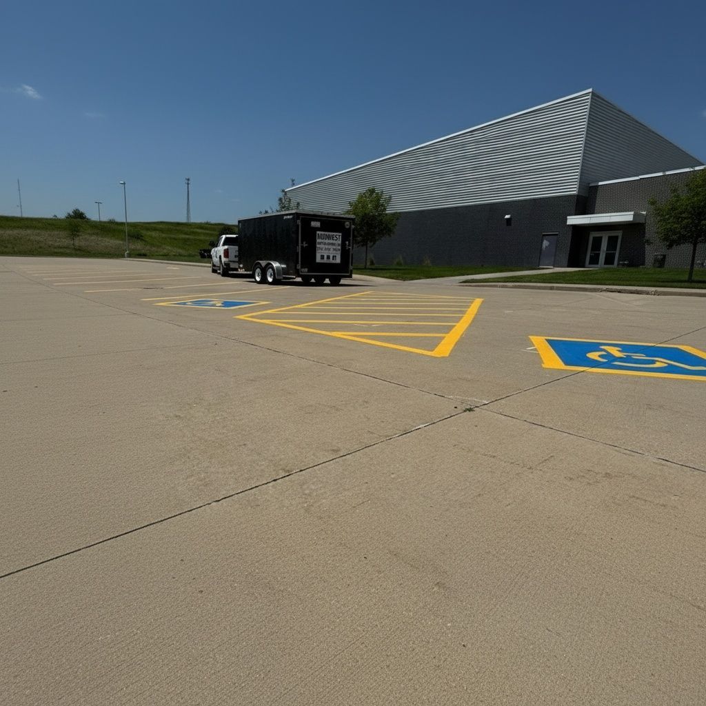 ADA parking striping in Chandler Arizona with blue handicap symbols and yellow access aisle lines near commercial building