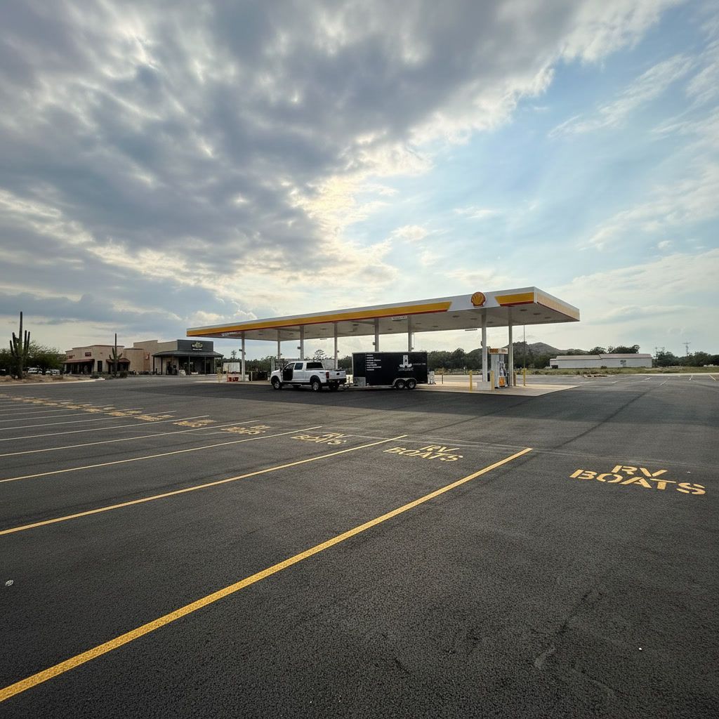 Parking lot striping at gas station with numbered spaces and yellow lines on asphalt for organization