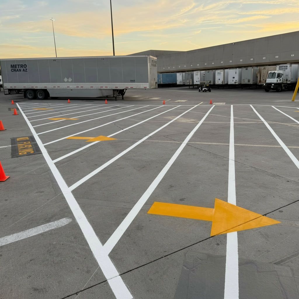 Loading dock striping in Chandler, AZ with clear white lines and directional arrows to improve traffic flow, safety, and organization in busy areas.