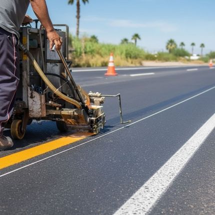 Worker using line striping machine to apply white line on asphalt parking lot for traffic control
