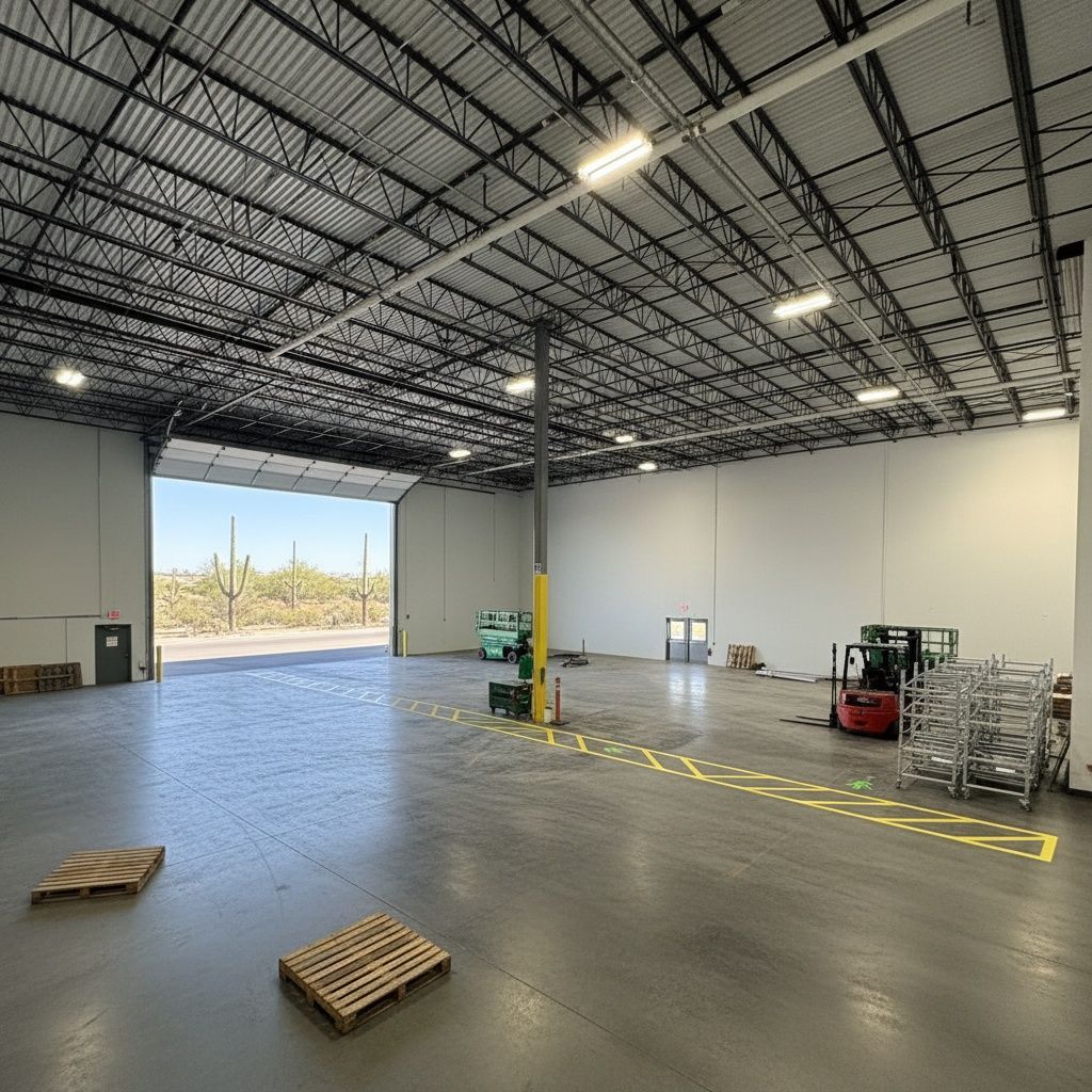 Warehouse floor striping in Chandler Arizona with yellow safety lines marking work zones and pathways inside industrial building