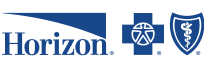 Horizon Healthcare logos: text, cross symbol, and shield with staff of Asclepius; blue and white.