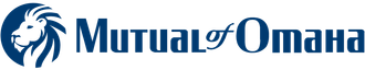 Mutual of Omaha logo with a lion's head in a blue circle, dark blue text.