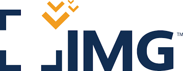 Logo for IMG, blue lettering with gold chevrons.