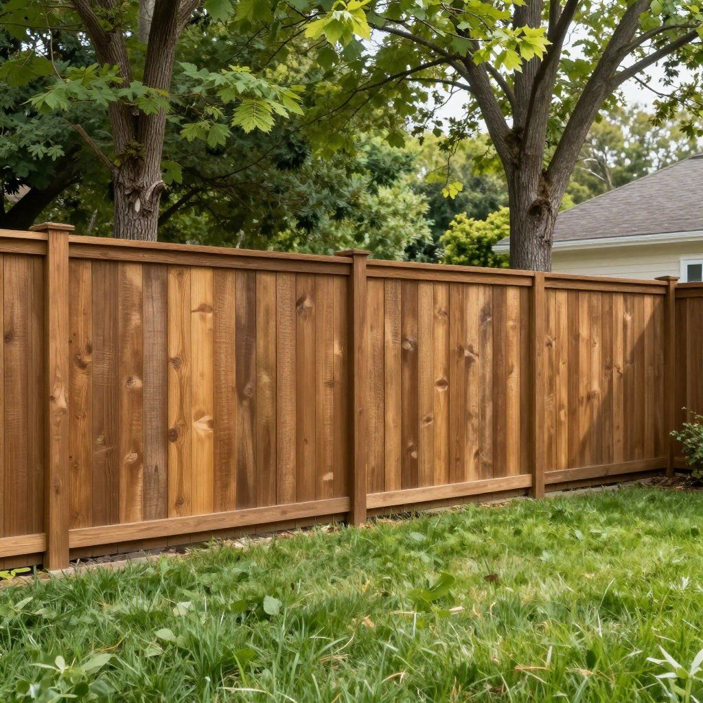 Wooden privacy fence in a grassy backyard, surrounded by trees.
