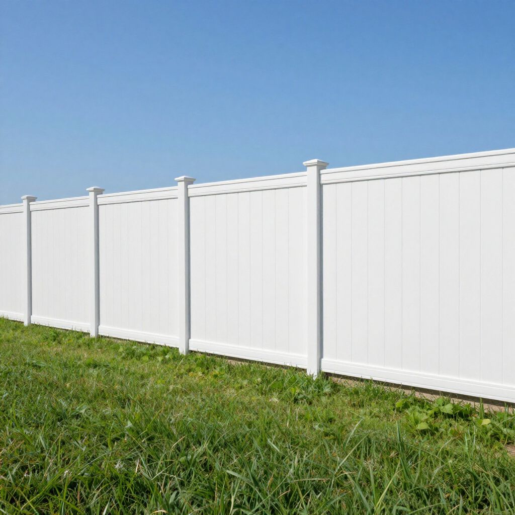 White vinyl privacy fence in a grassy yard against a blue sky.
