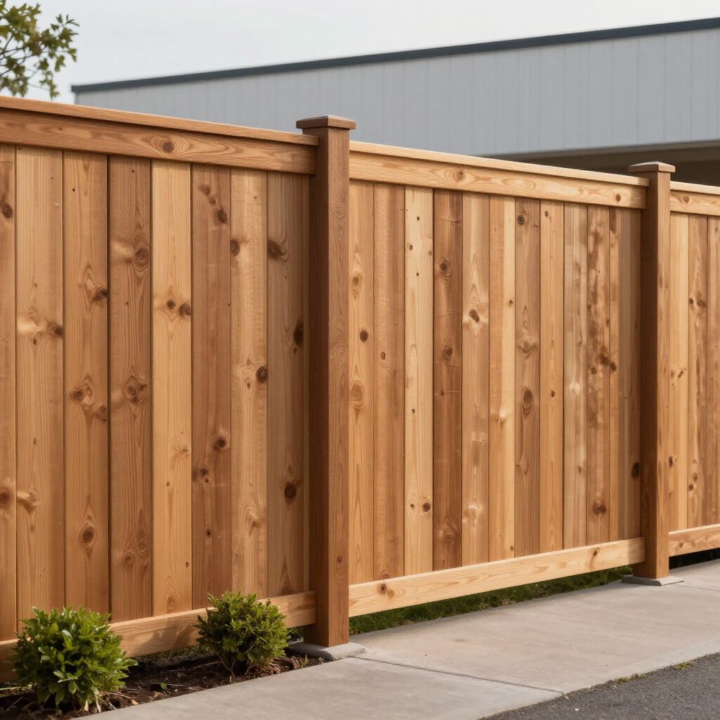Wooden privacy fence along a sidewalk, with two small green bushes.