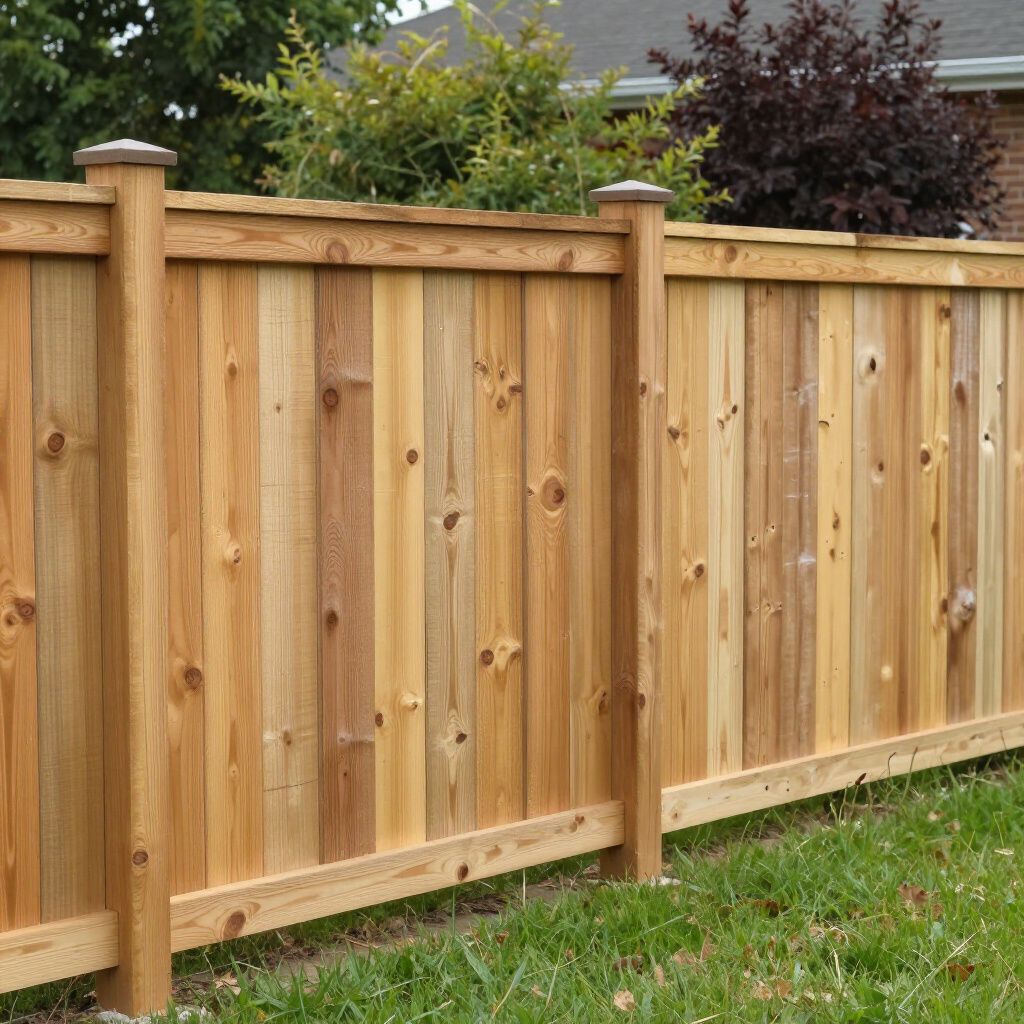 Wooden privacy fence on green grass.