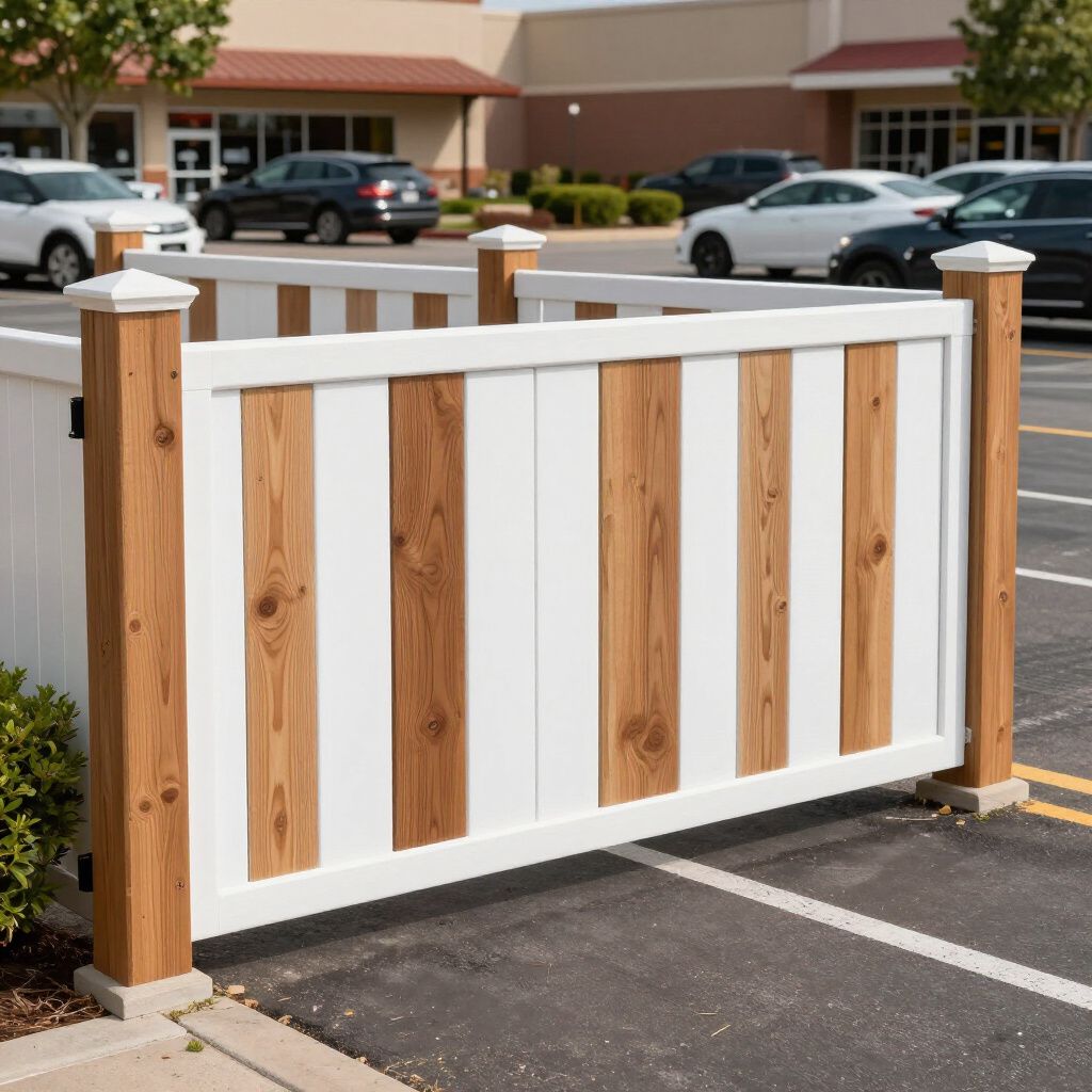 White and brown striped fence in a parking lot, near a building and cars.